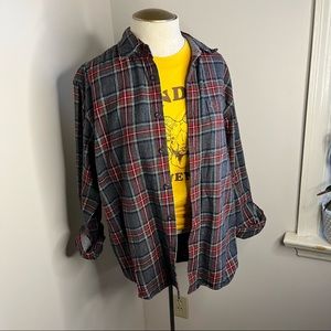 Eddie Bauer Gray Red Green Plaid Flannel Collared Shirt